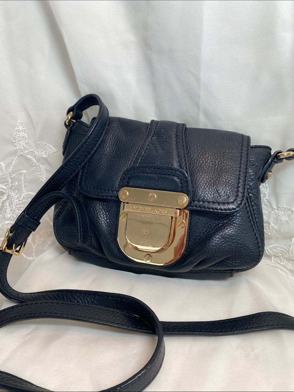 Michael Kors Black Leather Crossbody with Gold-Tone Lock